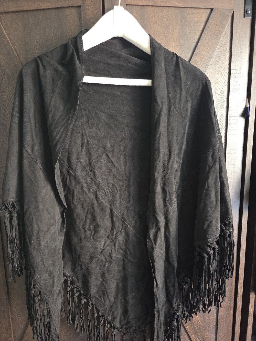 Vera Pelle Italian Black Suede Fringe Shawl Cape